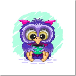 Cartoon owl with a cup Posters and Art